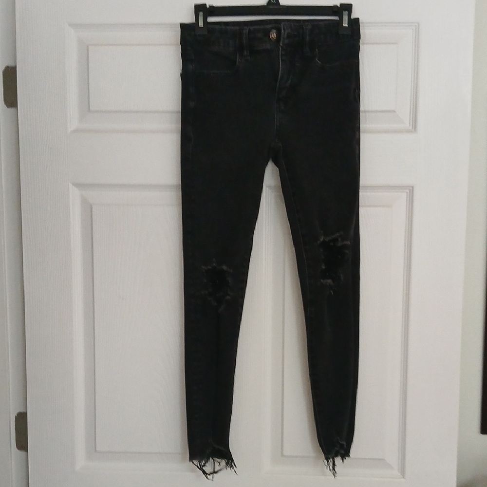 American Eagle Outfitters Distressed Black Hi Rise Skinny Jegging Jeans EUC